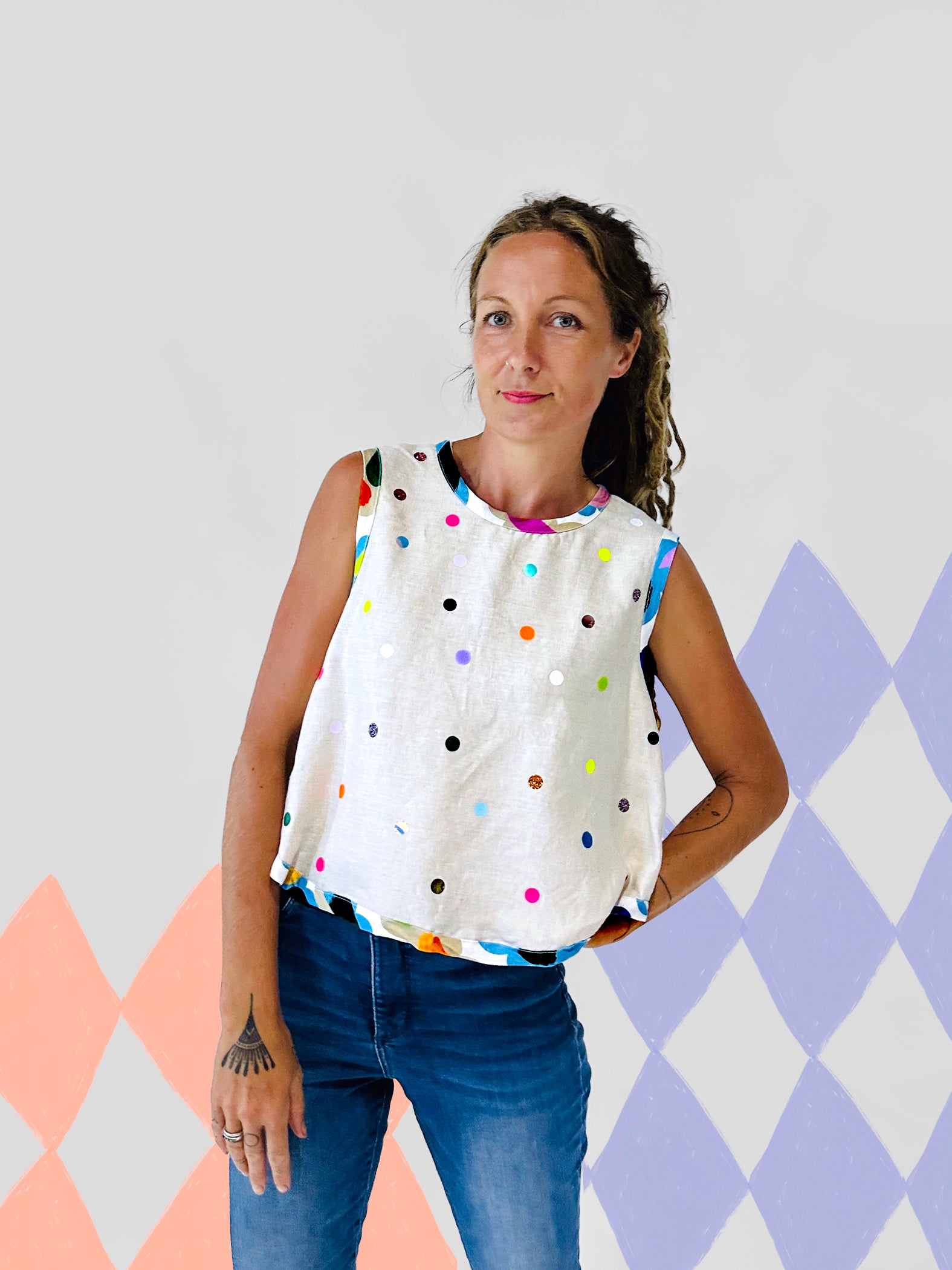 Confetti hand cut vinyl linen cotton blouse